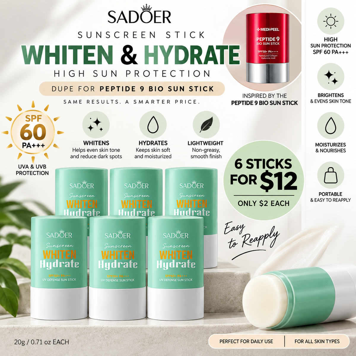 6PCS SADOER SUN STICK SD9433