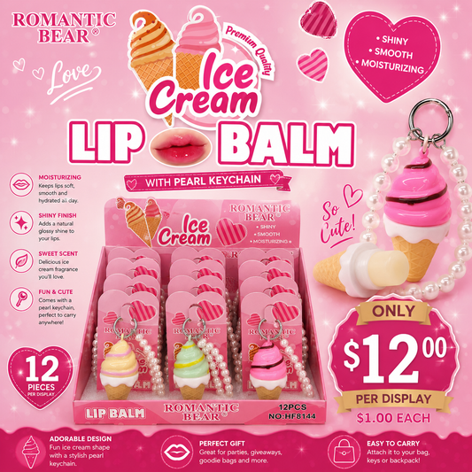 12PCS DISPLAY ROMANTIC BEAR LIP BALM ICE CREAM EDITION WITH KEYCHAIN HF8144
