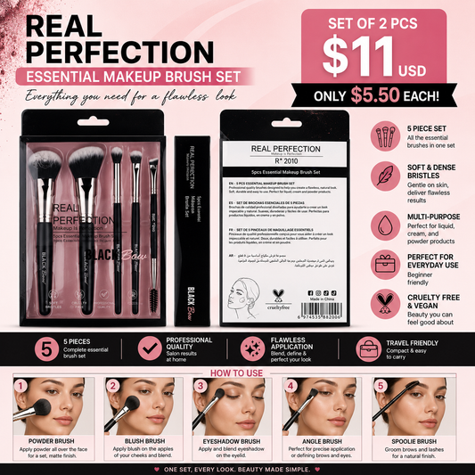 2PCS SET REAL PERFECTION BLACK BOW ESSENTIAL MAKEUP BRUSH SET R-2010