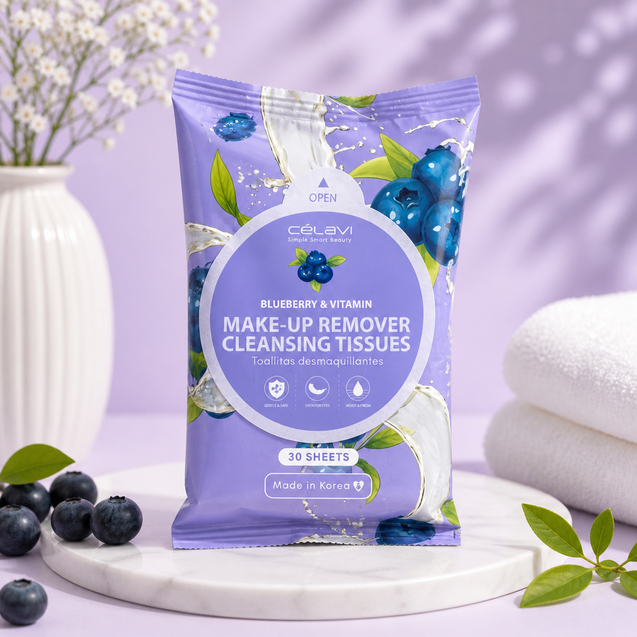 6PCS  CELAVI BLUEBERRY & VITAMIN MAKE UP REMOVER CLEANSING TISSUES MT030