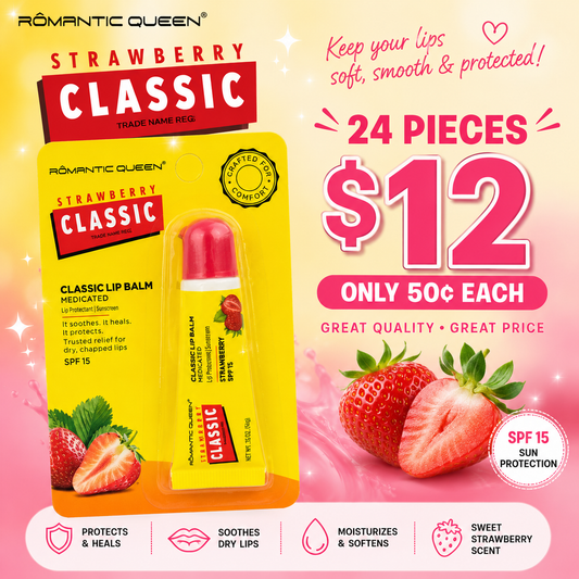 24PCS DISPLAY ROMANTIC QUEEN STRAWBERRY LIP BALM WITH SUN PROTECTION SPF15+
