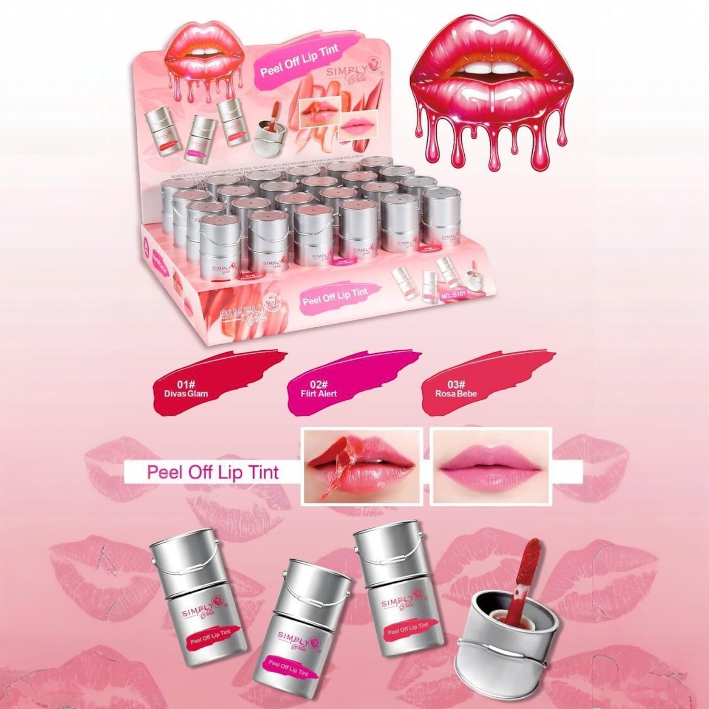 SIMPLY BELLA PEEL OFF LIP TINT 24 PCS DISPLAY#B7