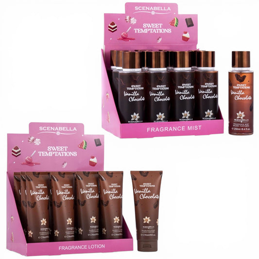 2 DISPLAYS 12PCS EACH 1 SPRAY 1 CREAM SCENA BELLA SWEET TEMPTATION VANILLA CHOCOLATE BODY MIST & BODY LOTION