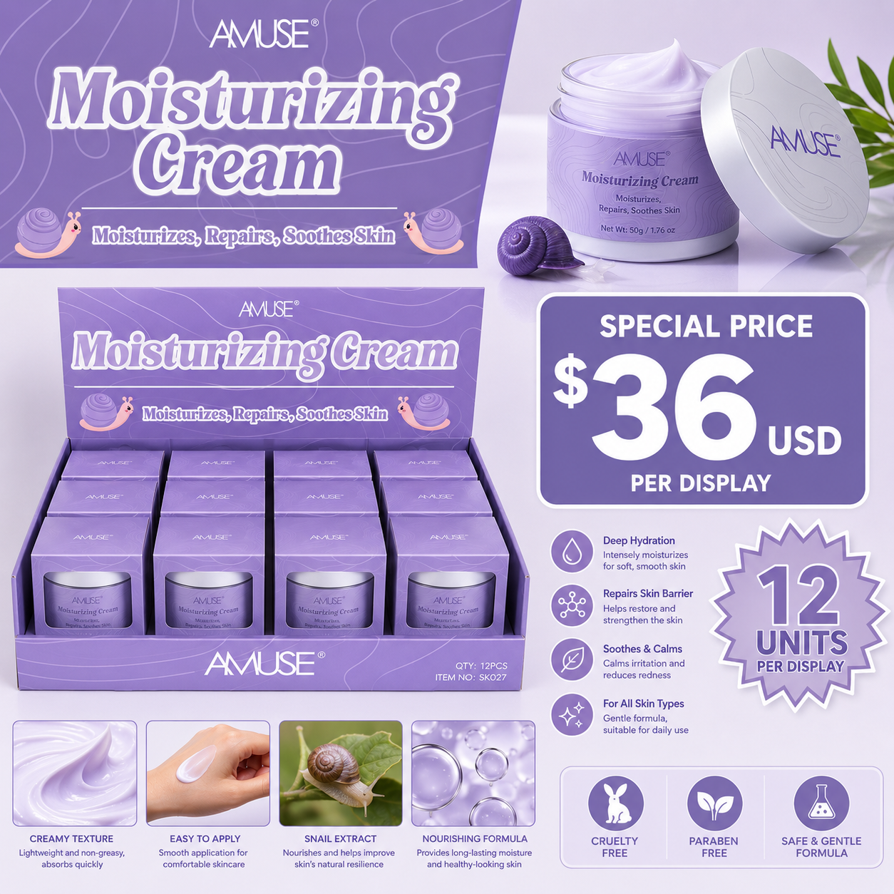 12PCS DISPLAY SNAIL MOISTURIZES ,REPAIRS ,SOOTHES SKIN SK027