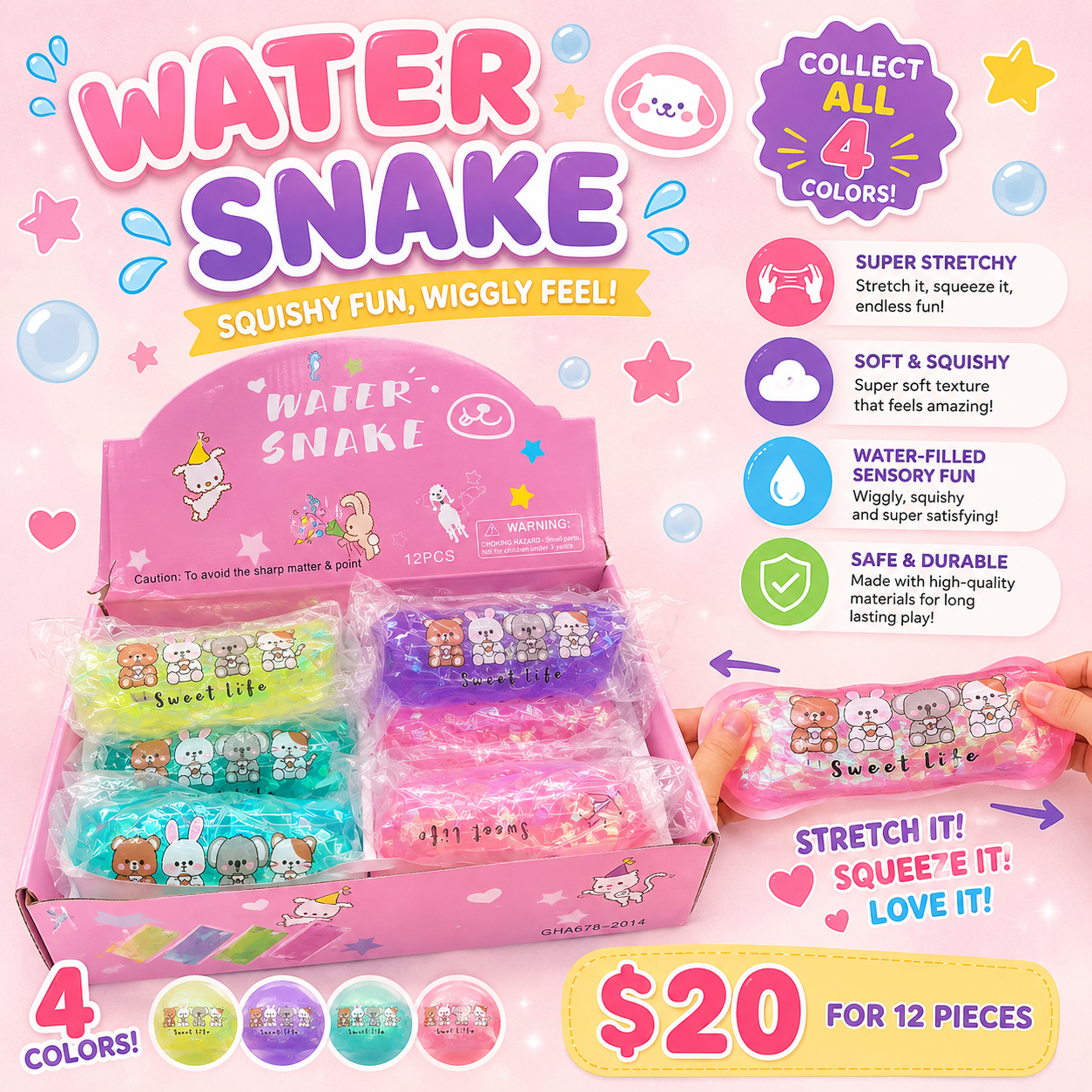 12PCS DISPLAY CUTE ANIMAL  WIGGLE WATER SQUISHY DA001