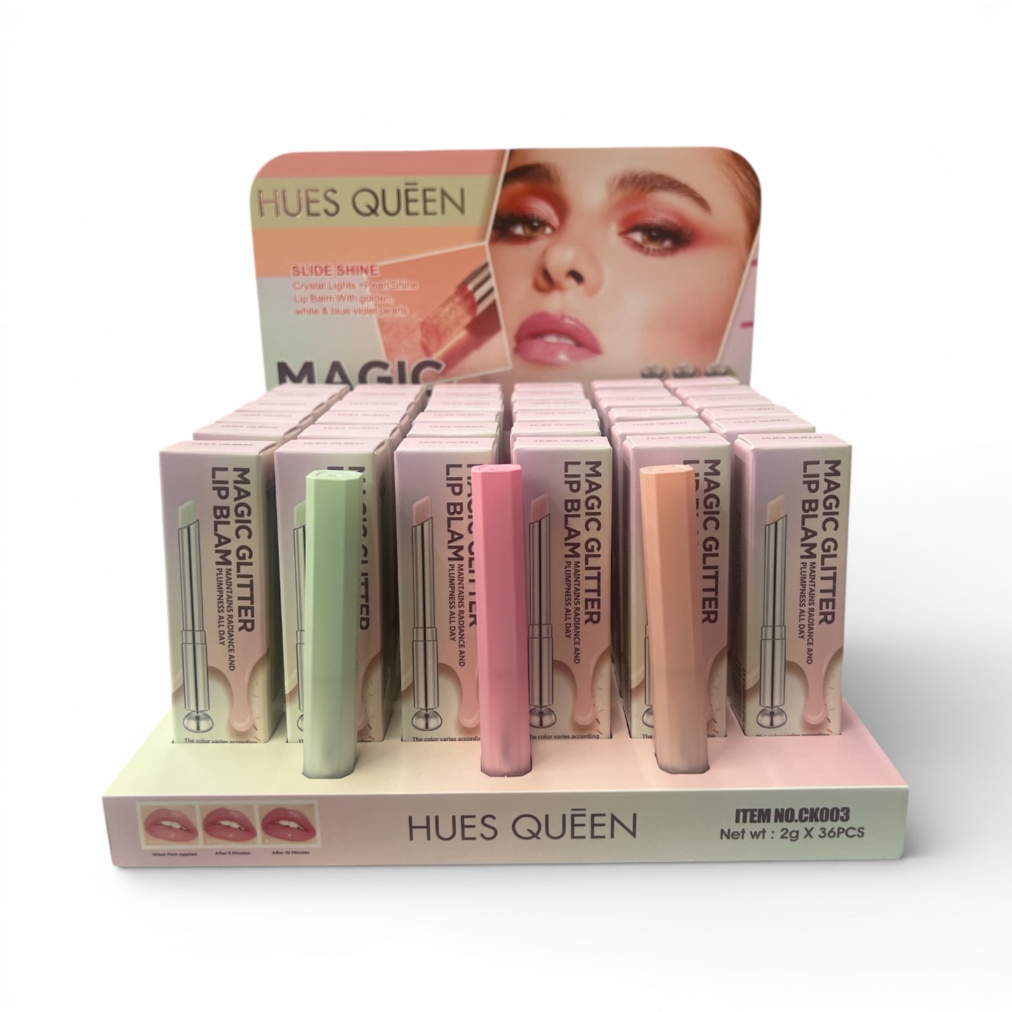 36PCS DISPLAY HUES QUEEN SLIDE SHINE PEARL SHINE LIP BALM CK003