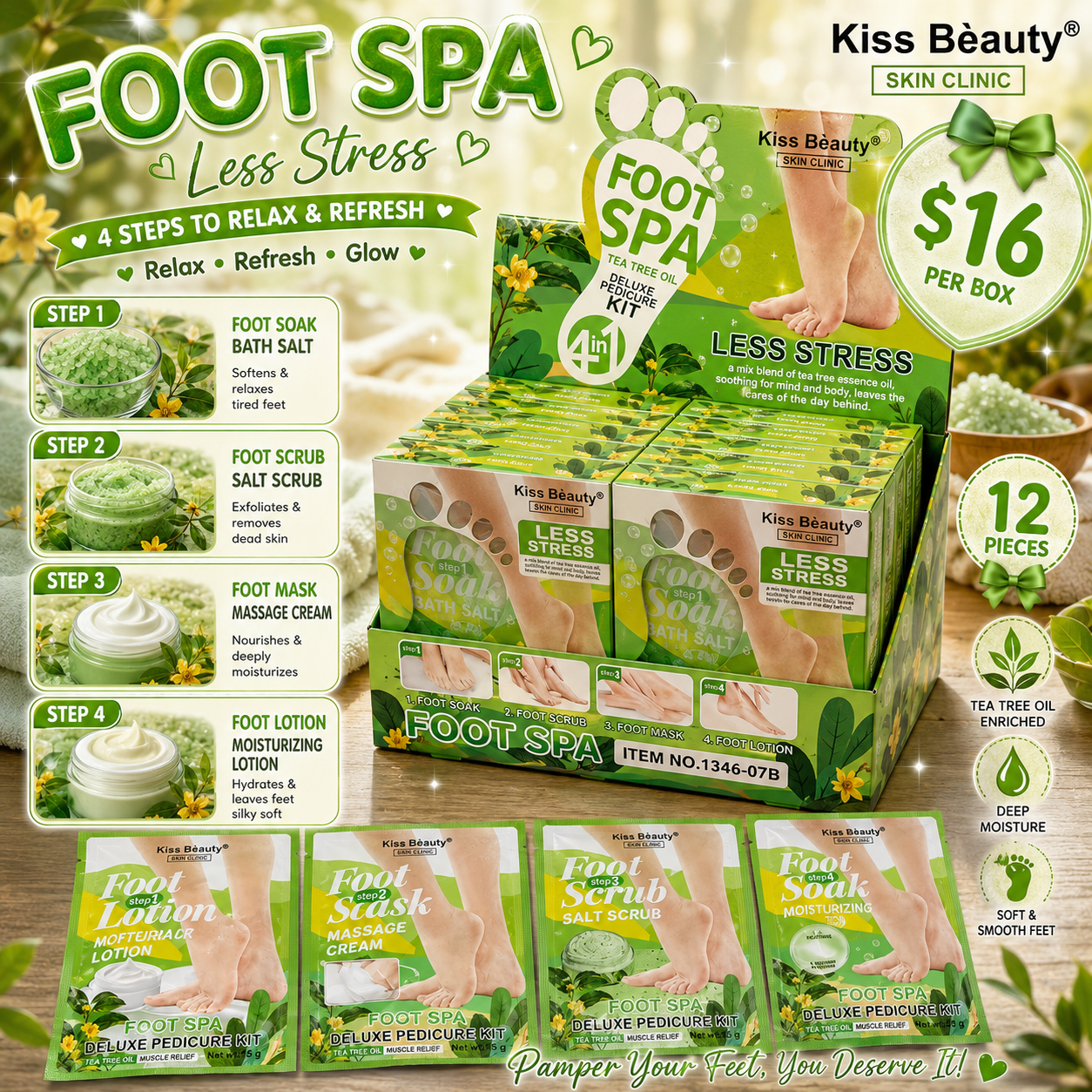 12PCS DISPLAY KISS BEAUTY TEA TREE OIL  4 IN 1 DELUXE PEDICURE KIT 1346-07B