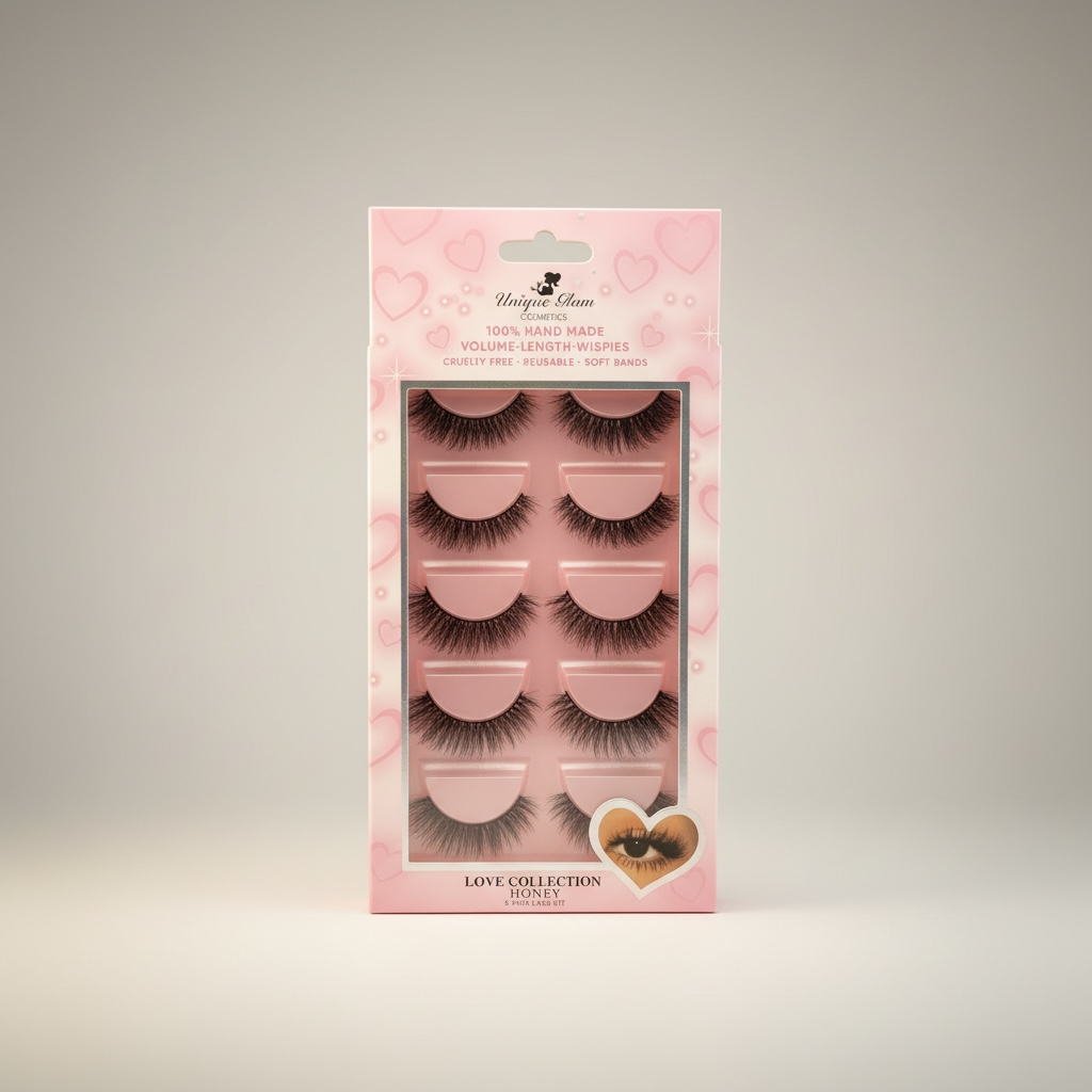 3PCS UNIQUE GLAM COSMETICS HONEY LOVE COLLECTION 5 PAIR LASHES