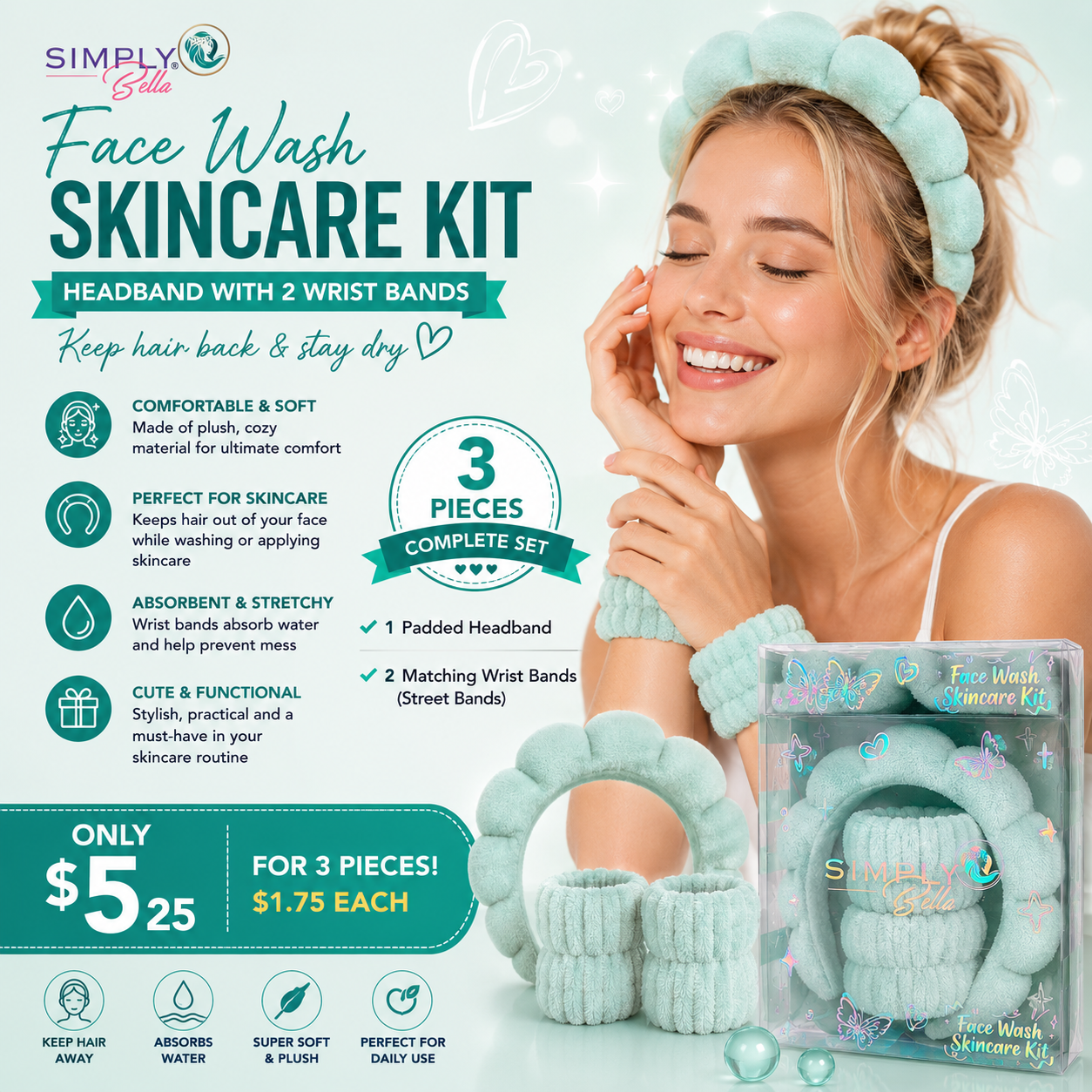 3PCS SIMPLY BELLA MINT SPA HEADBAND + 2 WRISTBANDS STB010