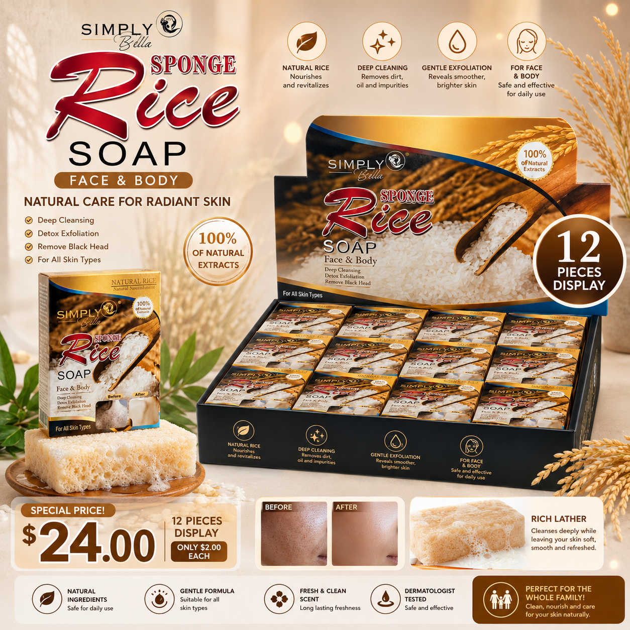 12PCS SIMPLY BELLA SPONGE RICE SOAP SIM057