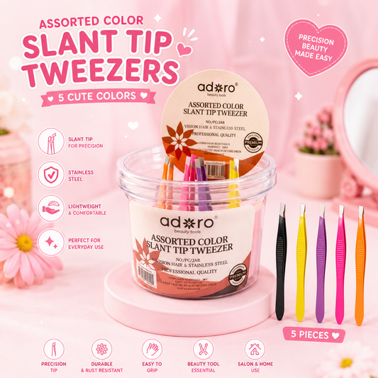 60PCS ADORO ASSORTED COLOR SLANT TIP TWEEZER JAR 001-1095