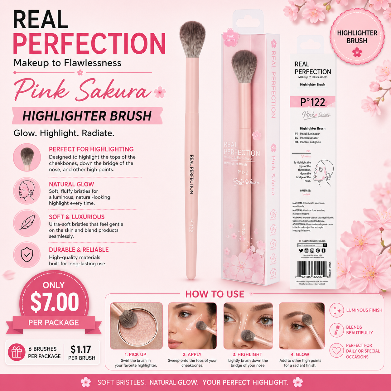 6PCS PACK REAL PERFECTION PINK SAKURA HIGHLIGHTER BRUSH P-122