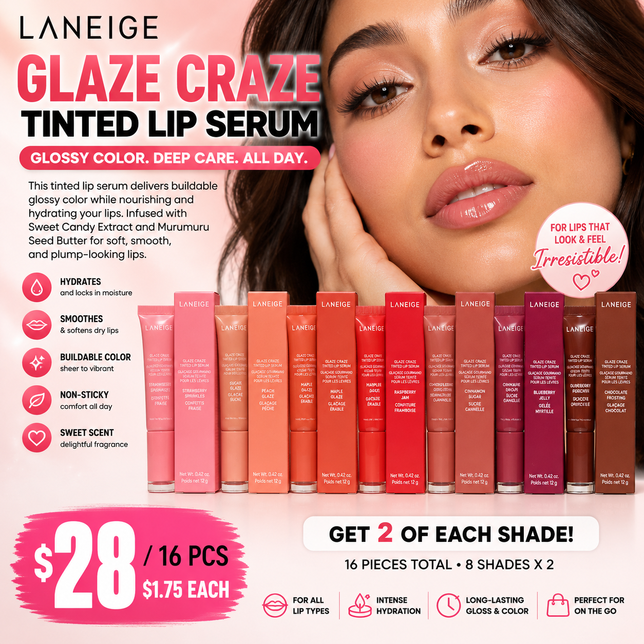 16PCS SET LANEIGE GLAZE CRAZE TINTED LIP SERUM