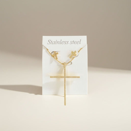 3PCS ORO LAMINADO BLING CROSS NECKLACE & EARRINGS JS1003