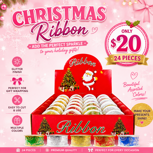 24PCS DISPLAY CHRISTMAS GLITTER ASSORTED RIBBONS
