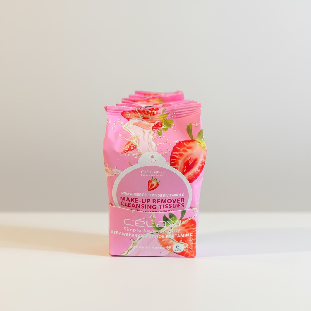 6PCS DISPLAY CELAVI STRAWBERRY & PEPTIDE + VITAMIN C MAKE UP REMOVER CLEANSING TISSUES MT031