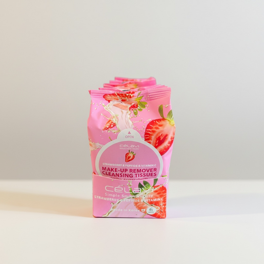 6PCS DISPLAY CELAVI STRAWBERRY & PEPTIDE + VITAMIN C MAKE UP REMOVER CLEANSING TISSUES MT031