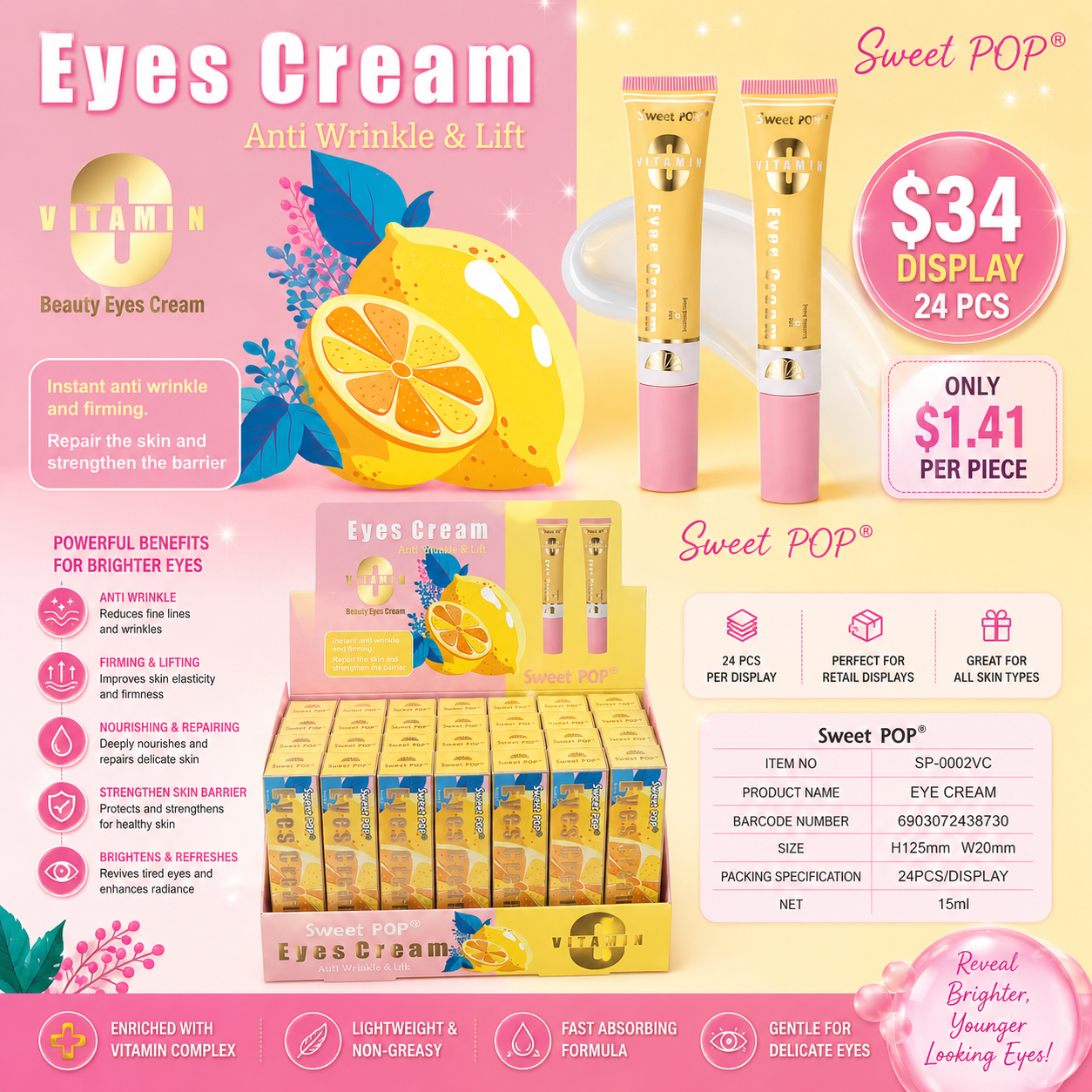 24PCS DISPLAY SWEET POP EYES CREAM ANTI WRINKLE & LIFT 8730