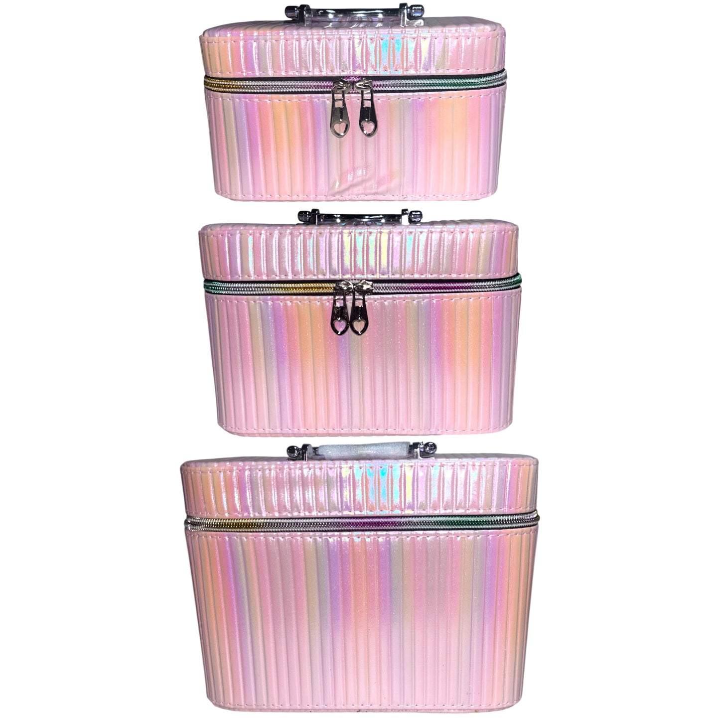 PINK HOLOGRAPHIC 3PCS CARRY ON MAKEUP BOX