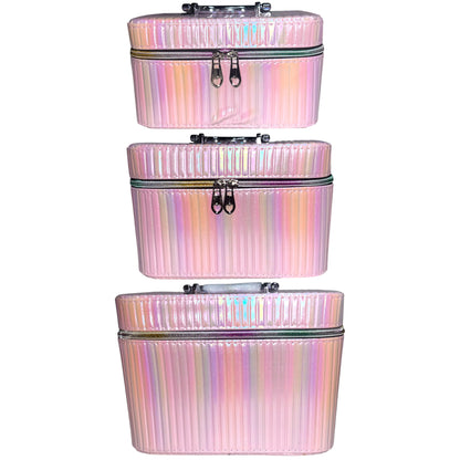 PINK HOLOGRAPHIC 3PCS CARRY ON MAKEUP BOX