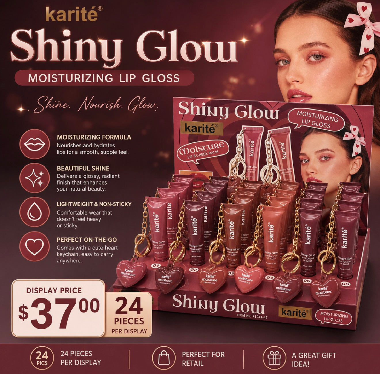 24PCS DISPLAY KARITE SHINY GLOW MOISTURIZING LIP GLOSS 71243-47