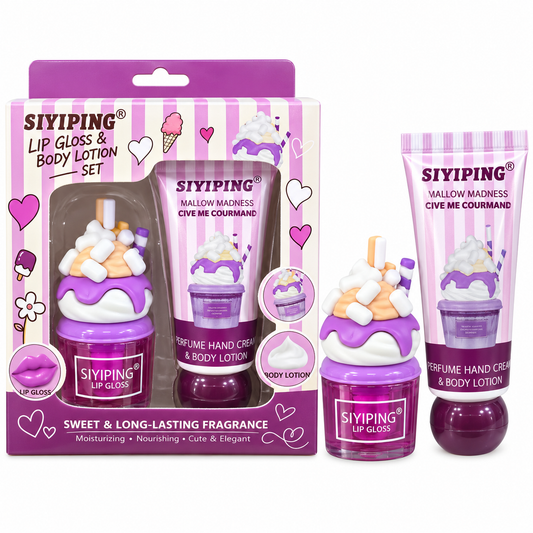 Set de brillo labial y loción corporal Siyiping Mallow Madness