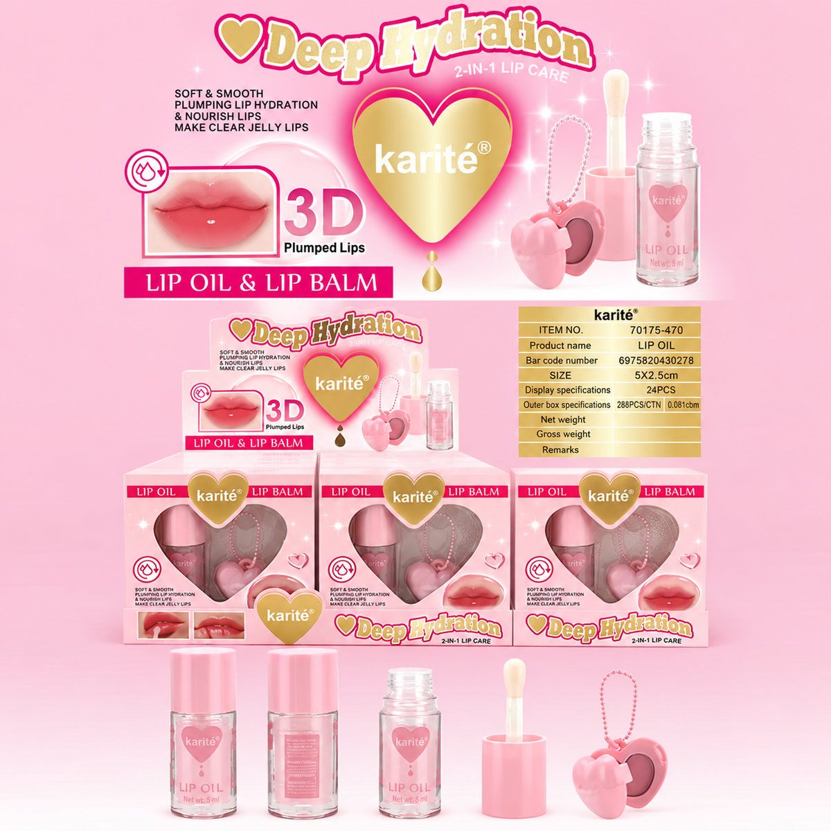 Karite Deep Hydration Lip Oil + Heart Lip Balm Keychain