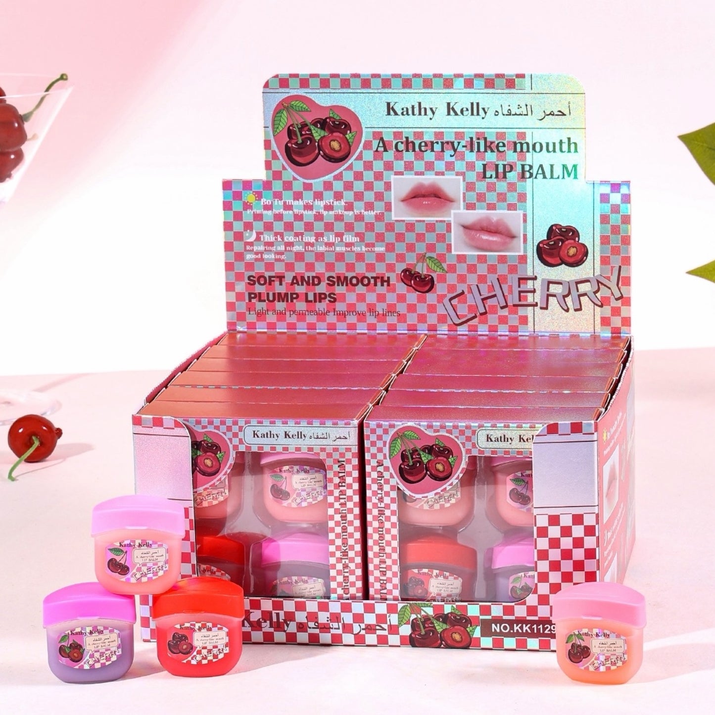 12 SETS OF 4 LIP BALMS DISPLAY KATHY KELLY CHERRY LIP BALMS KK1129