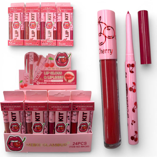 24 SETS X DISPLAY MEIKE GLAMOUR CHERRY LIP KITS MK383
