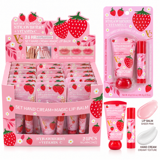 Crema de manos Meike Glamour Fresa + Vitamina C + Bálsamo labial