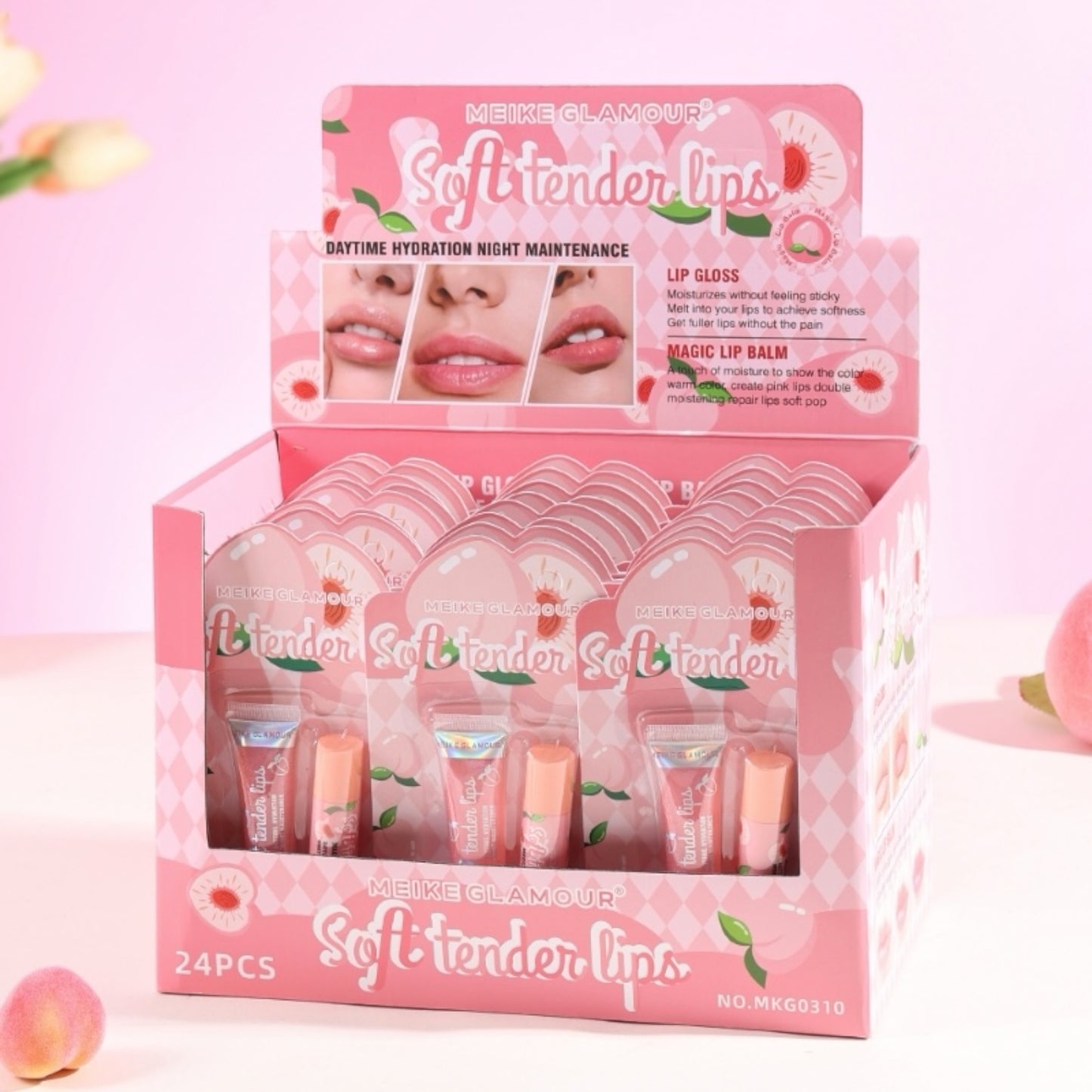 24PCS DISPLAY MEIKE PEACH LIPGLOSS + LIP BALM MKG0310