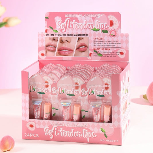 24PCS DISPLAY 2PC X PACK MEIKE PEACH LIPGLOSS + LIP BALM