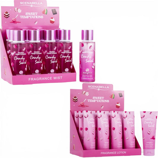 2 DISPLAYS 12PCS EACH 1 SPRAY 1 CREAM SCENA BELLA SWEET TEMPTATION CANDY SWIRL BODY MIST & BODY LOTION