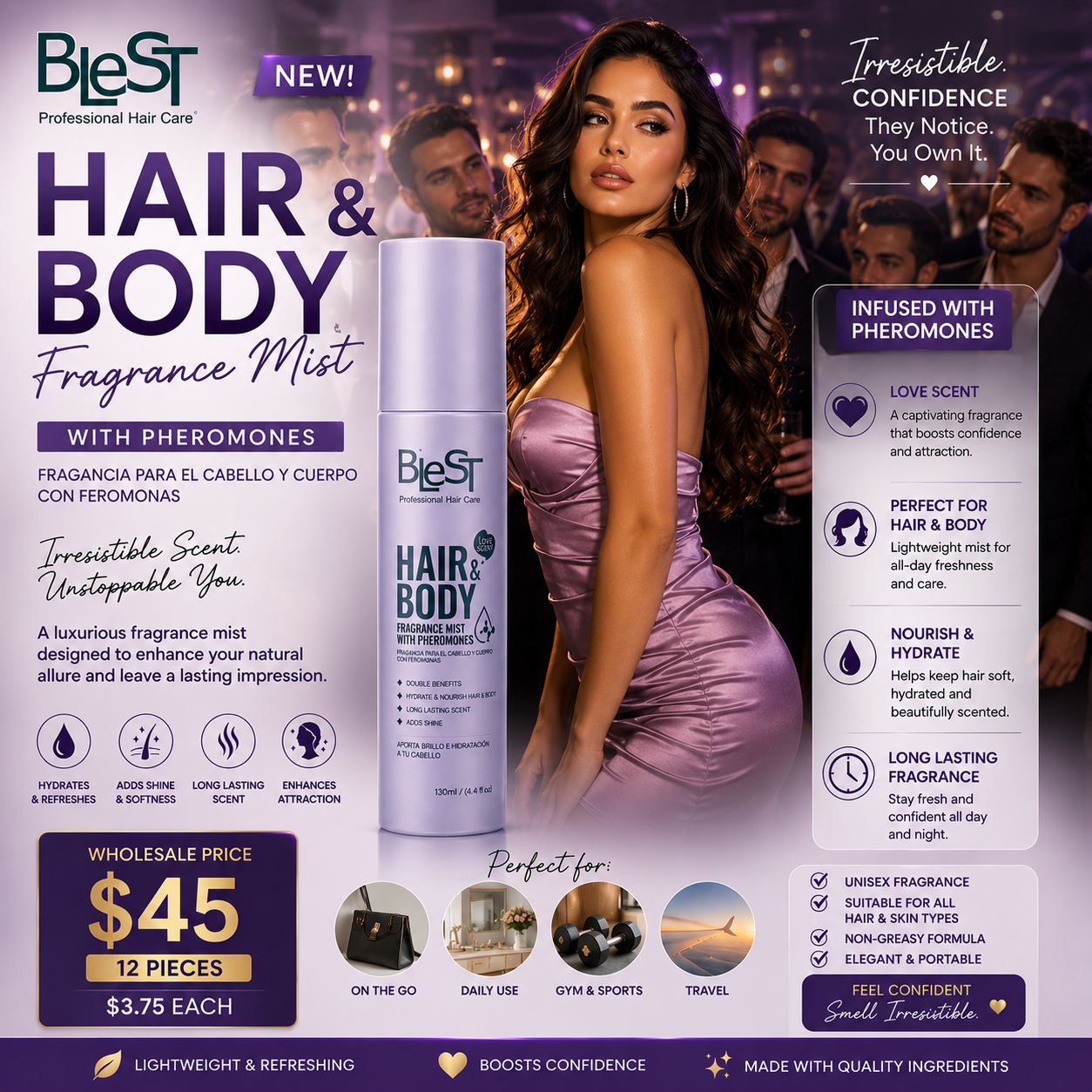 12PCS DISPLAY BLEST HAIR & BODY FRAGRANCE MIST WITH PHEROMONES (LOVE SCENT) HFM-28