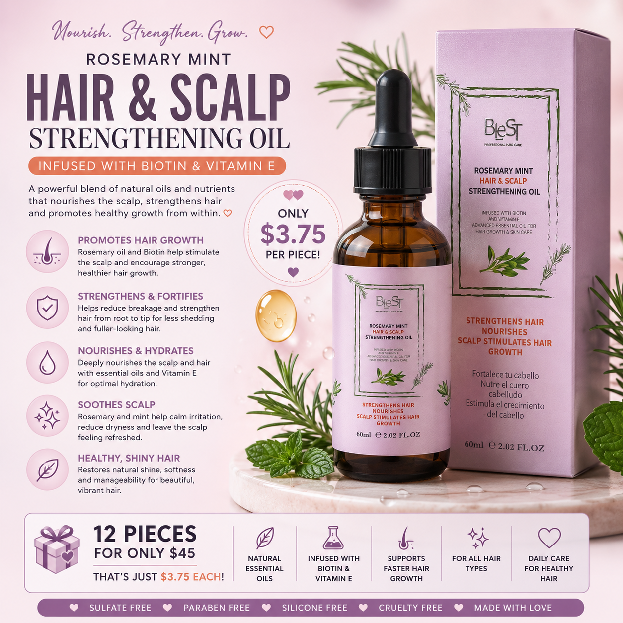 12PCS DISPLAY BLEST ROSEMARY MINT HAIR & SCALP STRENGTHENING OIL BH721