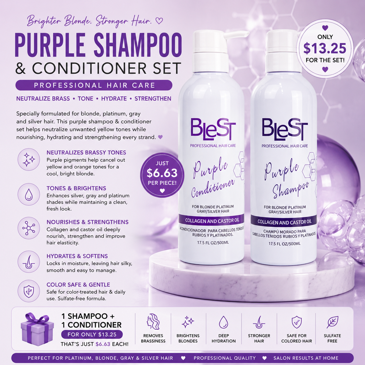 BLEST PURPLE SHAMPOO AND CONDITIONER 2PCS SET WITH COLLAGEN AND CASTOR OIL