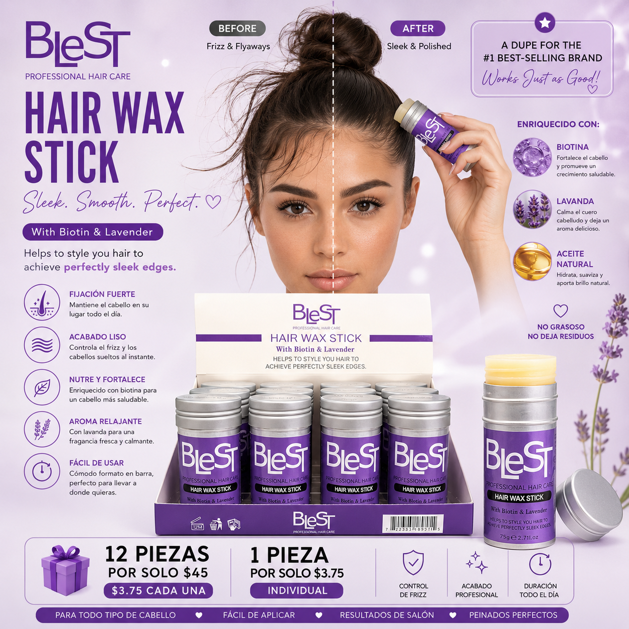 12PCS DISPLAY BLEST HAIR WAX STICK WITH BIOTIN & LAVENDER HW-771