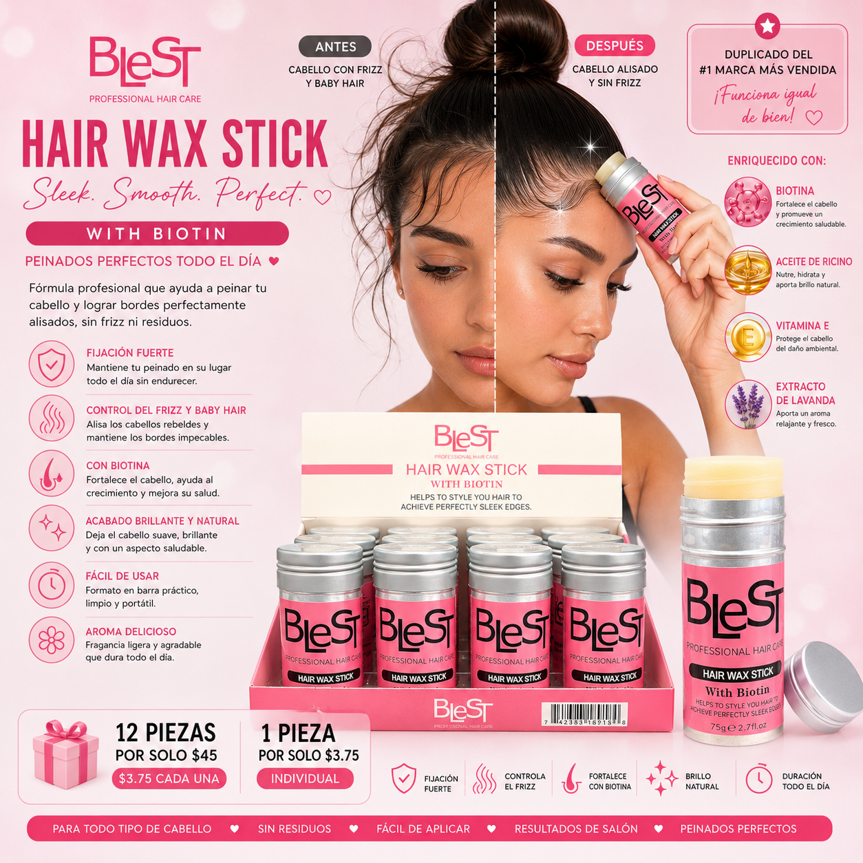 12PCS DISPLAY BLEST HAIR WAX STICK WITH BIOTIN HW-777