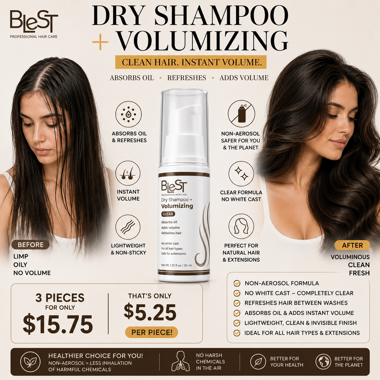 3PCS BLEST DRY SHAMPOO+VOLUMIZING CLEAR DS-170