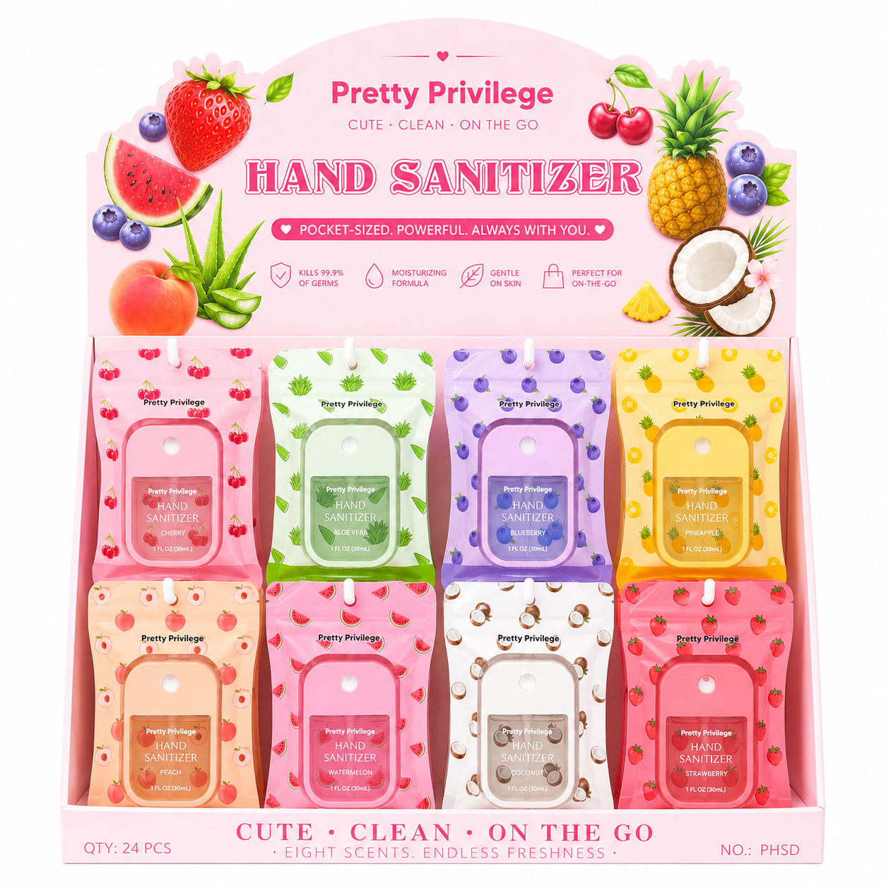 24PCS DISPLAY PRETTY PRIVILEGE HAND SANITIZER PHSD