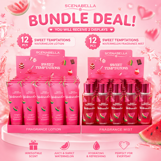 2 DISPLAYS 12PCS EACH 1 SPRAY 1 CREAM SCENA BELLA SWEET TEMPTATION WATERMELON BODY MIST & BODY LOTION