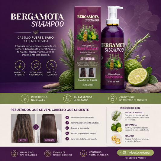 2PCS SHAMPOO BERGAMOTA REFORZADO CON KERATINA ROMERO Y COLÁGENO BM-1001