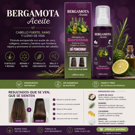 3PCS ACEITE BERGAMOTA REFORZADO CON KERATINA, ROMERO Y COLÁGENO  BM-4001