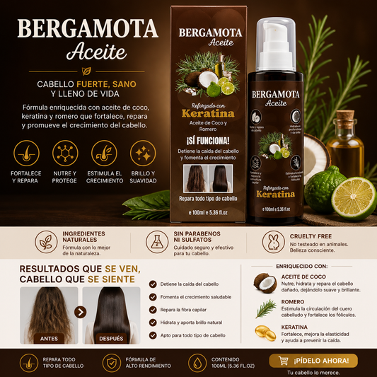 3PCS ACEITE BERGAMOTA REFORZADO CON KERATINA Y COCO BM-4002