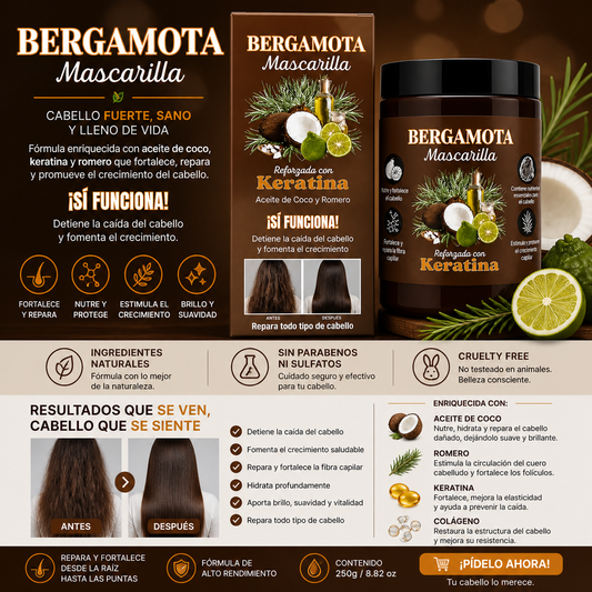 2PCS MASCARILLA BERGAMOTA REFORZADO CON KERATINA Y ACEITE DE COCO BM-3002