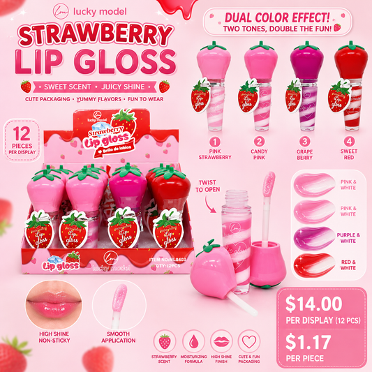 12PCS DISPLAY LUCKY MODEL COLORED STRAWBERRY LIPGLOSS ML8403