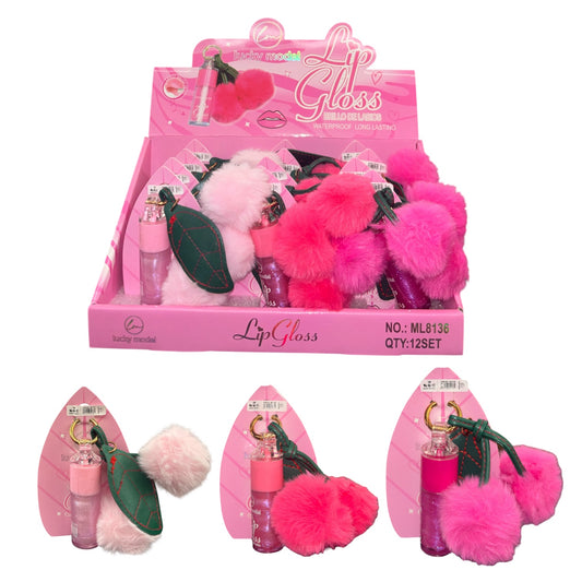 12PCS DISPLAY LUCKY MODEL CHERRY LIP GLOSS WITH KEYCHAIN ML8136