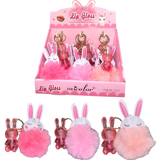 12PCS DISPLAY MICOLOR BUNNY LIP GLOSS WITH KEYCHAIN L5172