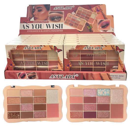 12PCS DISPLAY ANYLADY AS YOU WISH EYESHADOW & BLUSHER & HIGHLIGHTER PALETTE 8204
