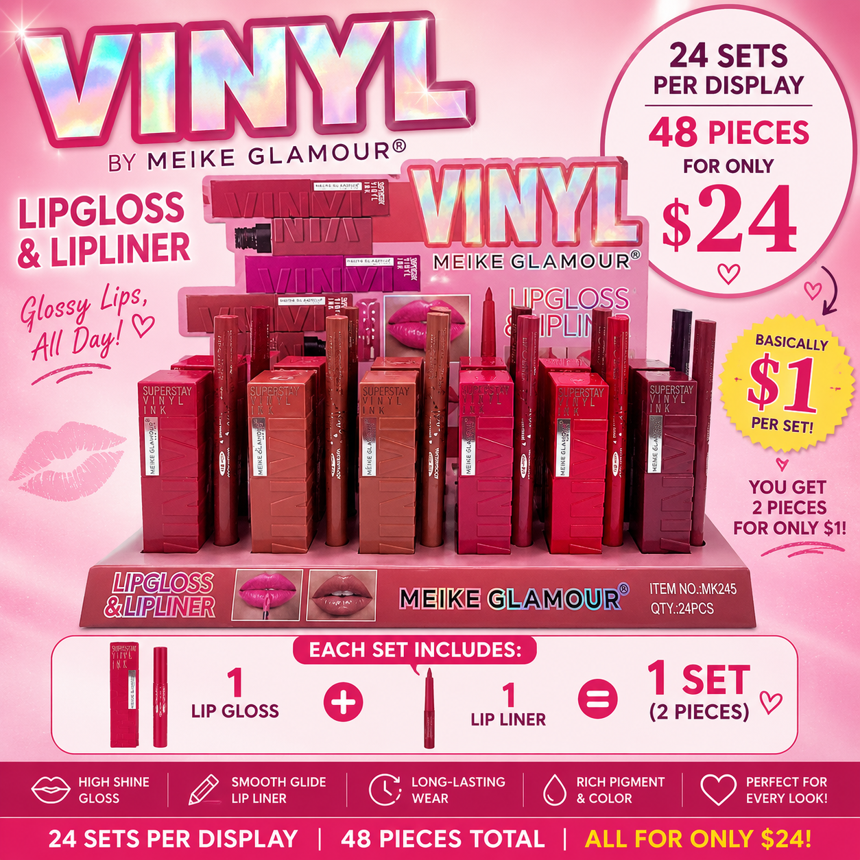 24PCS VINYL LIP GLOSS  Y LIP LINER MK245